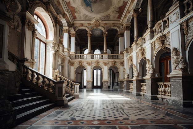 Baroque palace with intricate and elaborate design elements including marble floors and columns