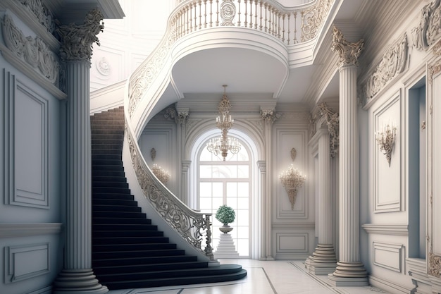 Baroque style grandeur royal aristocratic interior White light and bright hallway