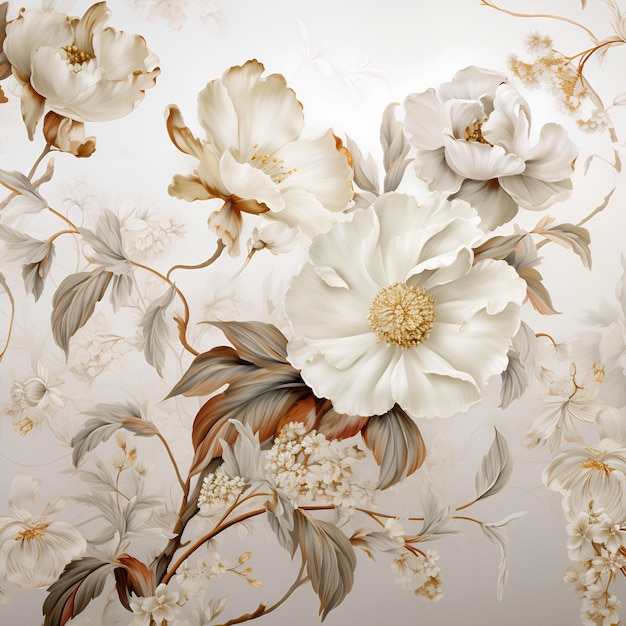 Baroque White Wallpaper Abstract Flowers 18th Century