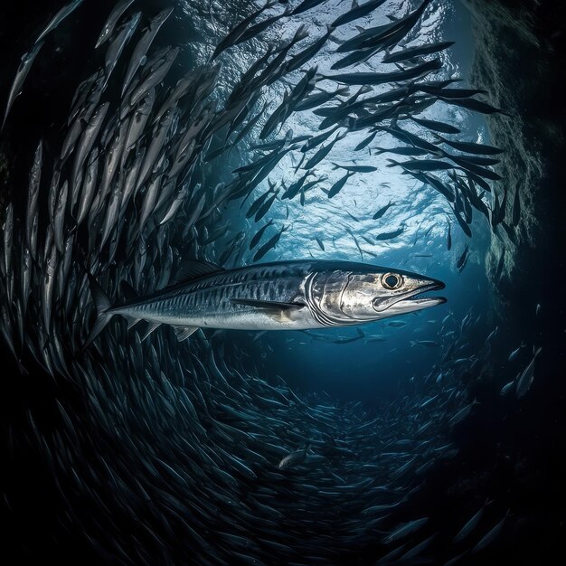 Photo barracuda hunting among fish