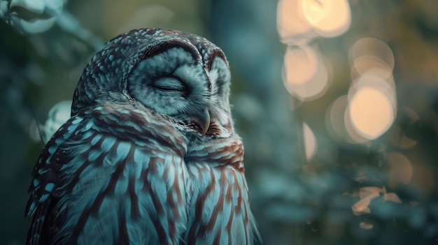 Photo a barred owl napping in a forest clearing