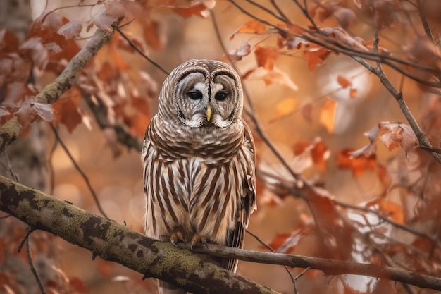 A barred owl sits on a branch in a fall forest.