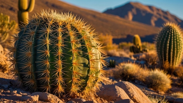 Barrel cactus in golden sunlight with a desert landscape and mountain backdrop