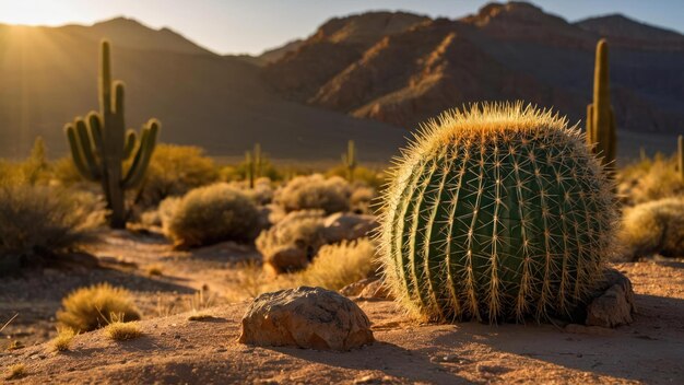 Barrel cactus in golden sunlight with a desert landscape and mountain backdrop