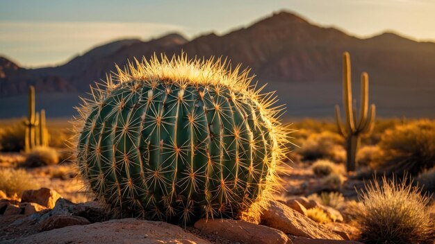 Barrel cactus in golden sunlight with a desert landscape and mountain backdrop