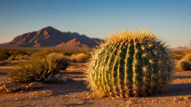 Barrel cactus in golden sunlight with a desert landscape and mountain backdrop