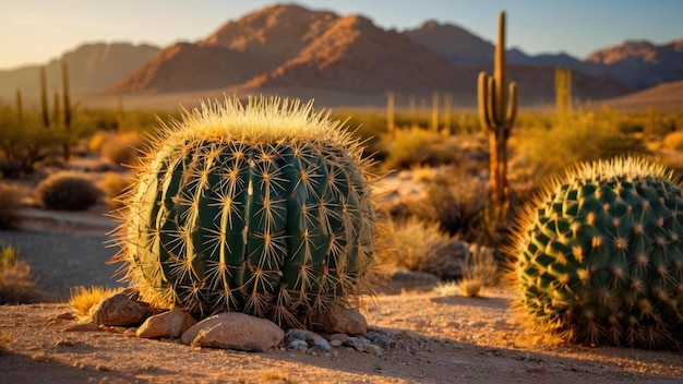 Barrel cactus in golden sunlight with a desert landscape and mountain backdrop