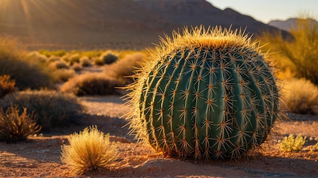 Barrel cactus in golden sunlight with a desert landscape and mountain backdrop