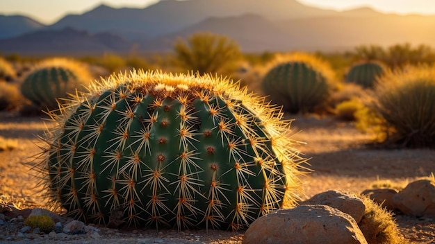 Barrel cactus in golden sunlight with a desert landscape and mountain backdrop