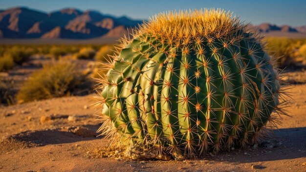 Barrel cactus in golden sunlight with a desert landscape and mountain backdrop