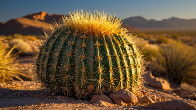 Barrel cactus in golden sunlight with a desert landscape and mountain backdrop