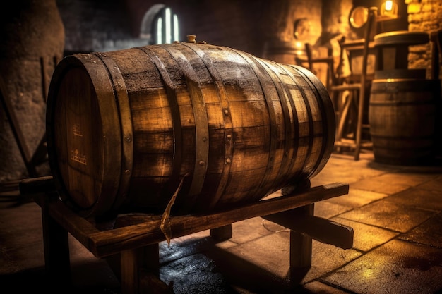 A barrel in a cellar with a few people in the background