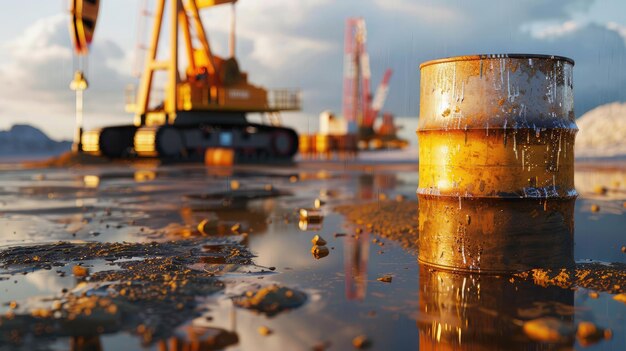 Photo barrel of crude oil with drilling equipment in the background representing the extraction phase of oil production