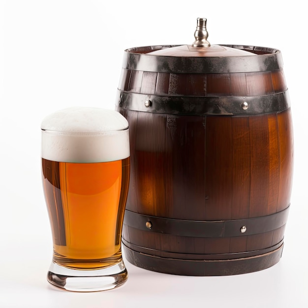 A barrel next to a glass of beer