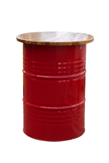 A barrel made like a cafe table with a wooden countertop Isolated on a white background