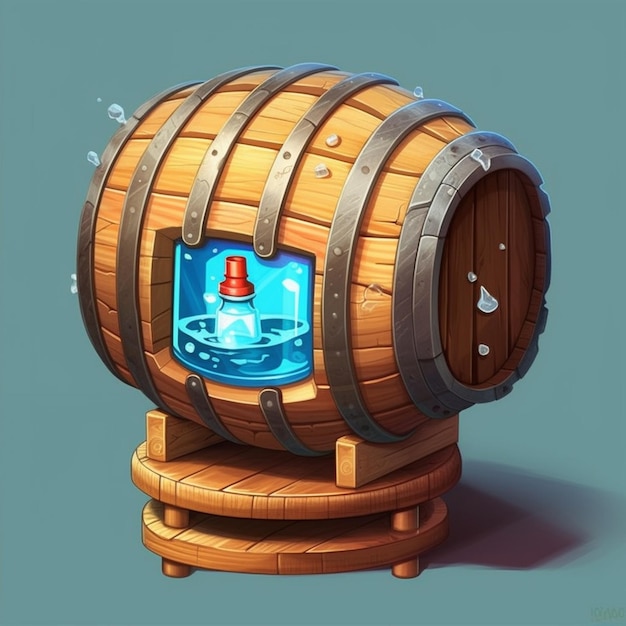 A barrel that has a bottle inside of it