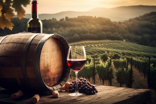 A barrel of wine sits on a table with a bunch of grapes in the background.