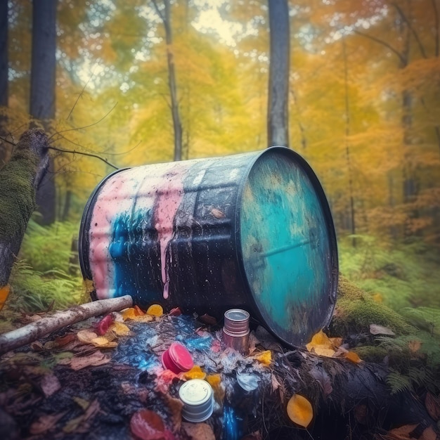 A barrel in the woods with paint cans on it