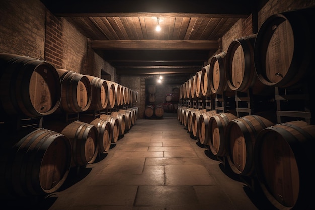 Barrels in a cellar with the word wine on the bottom