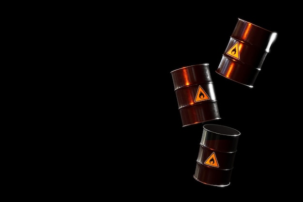 Barrels of oil on a black background on which the badge is flammable copy paste copy space 3D render