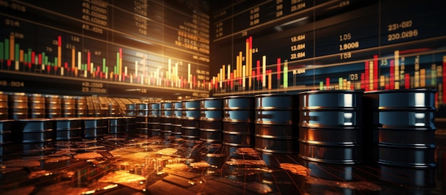 Barrels of oil with charts and graphs of stock market