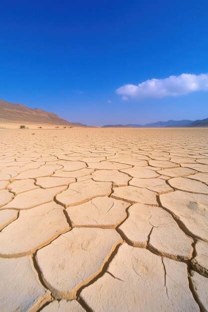 Photo barren desert landscape with cracked earth under expansive blue sky on a sunny day