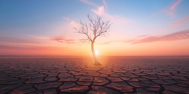 Barren desert scene with parched land withered tree and vivid sunset Concept Desolate Landscape Arid Environment Dried Vegetation Setting Sun Thorny Desert Plants