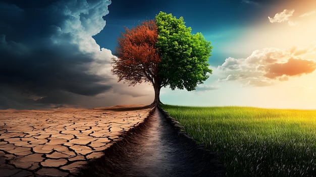 Photo barren desert and vibrant green landscape split by a tree showing environmental contrast and climate change transformation