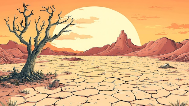 Photo a barren landscape at sunset with cracked earth and a solitary tree against a mountainous backdrop