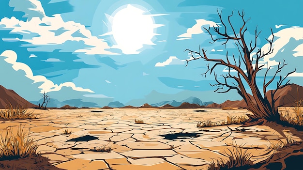 Photo a barren landscape with cracked earth a lone tree and a bright sun in a blue sky