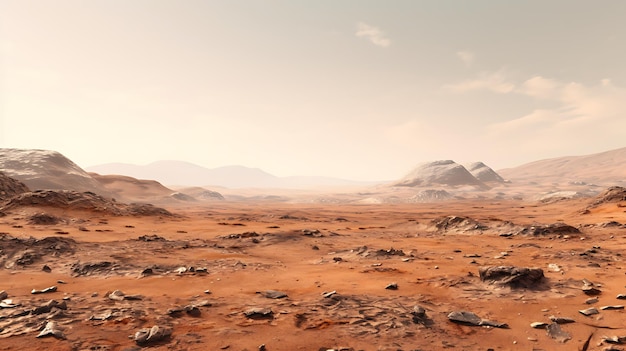 A barren Martian landscape with rocky terrain and distant hills