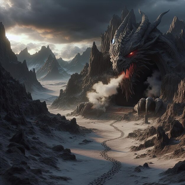 A barren mountain range with a dark cave at the base and guarded by a stone dragon statue