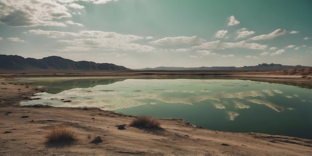 Photo a barren wasteland with a toxic lake reflecting a sickly green sky