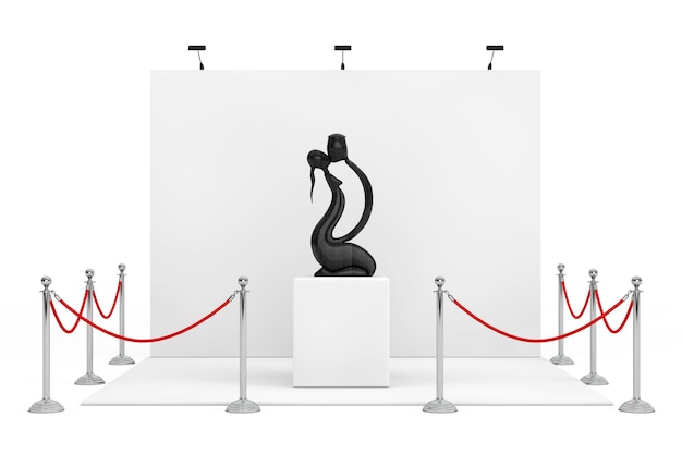 Barrier Rope Around Trade Show Booth with Abstract Wooden Man and Wooman in Love Statue on a white background. 3d Rendering.