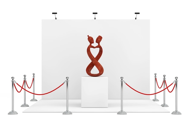 Barrier Rope Around Trade Show Booth with Abstract Wooden Man and Wooman in Love Statue on a white background. 3d Rendering.