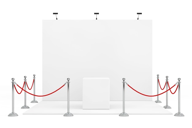 Barrier Rope Around Trade Show Booth with Empty Stand on a white background. 3d Rendering.