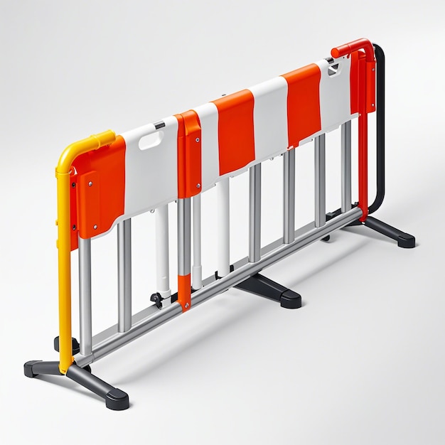 Photo a barrier with orange and white stripes and a white background