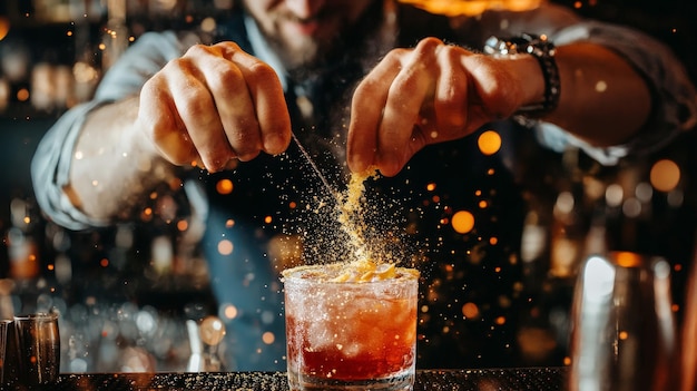 Photo a bartender adding a final touch of zest to a cocktail capturing the artistry of mixology