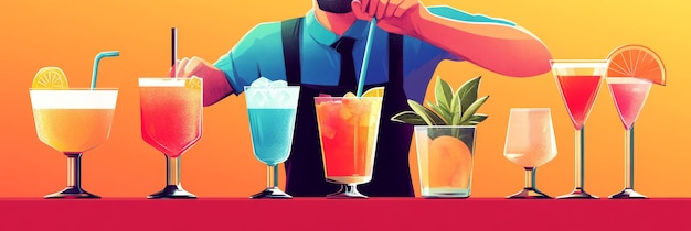 Photo a bartender is mixing a colorful cocktail while a variety of other drinks are lined up on the c