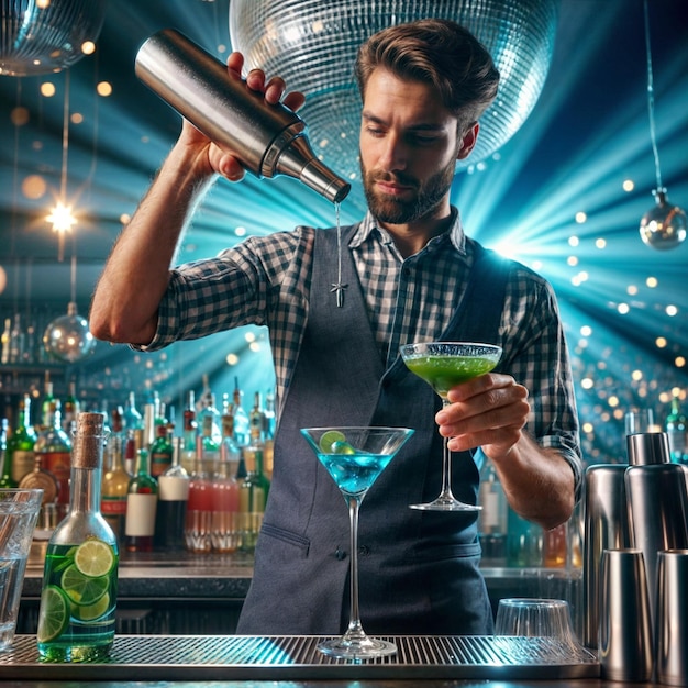 Photo a bartender is pouring a cocktail drink into a martini glass