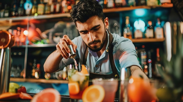 Photo a bartender is pouring a drink into a glass