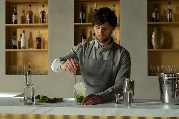 Bartender mixes an alcoholic mojito cocktail with a spoon