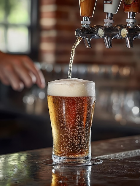 Photo bartender pouring draft beer into frosty pint glass