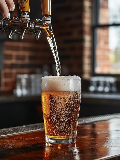 Photo bartender pouring draft beer into frosty pint glass