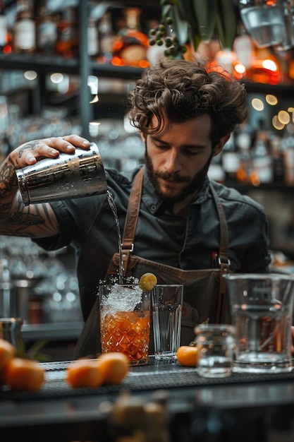 Photo a bartender pouring a drink into a glass