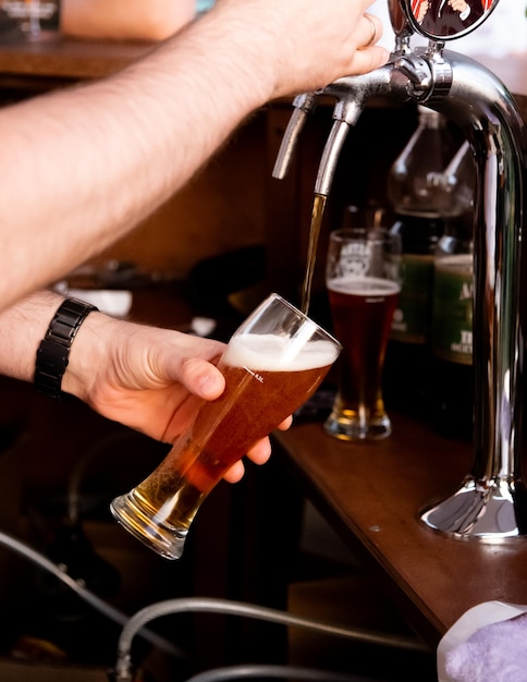 The bartender pours beer into the glass Summer Drinks