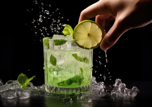 A bartender's hands shaking a Caipirinha in a cocktail shaker filled with ice