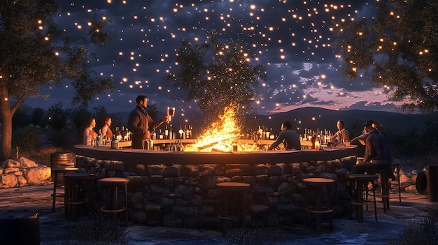 Photo bartender standing at a fire pit bar