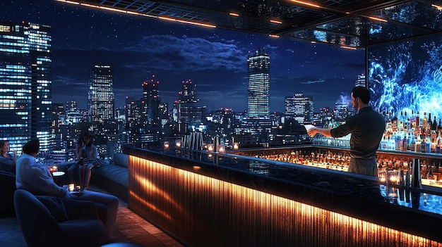 Bartender Working at a Luxury Hotel Rooftop Bar