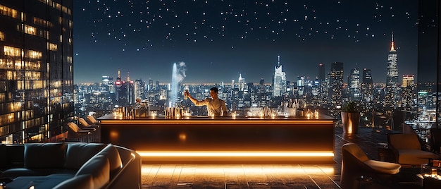 Photo bartender working at a luxury hotel rooftop bar